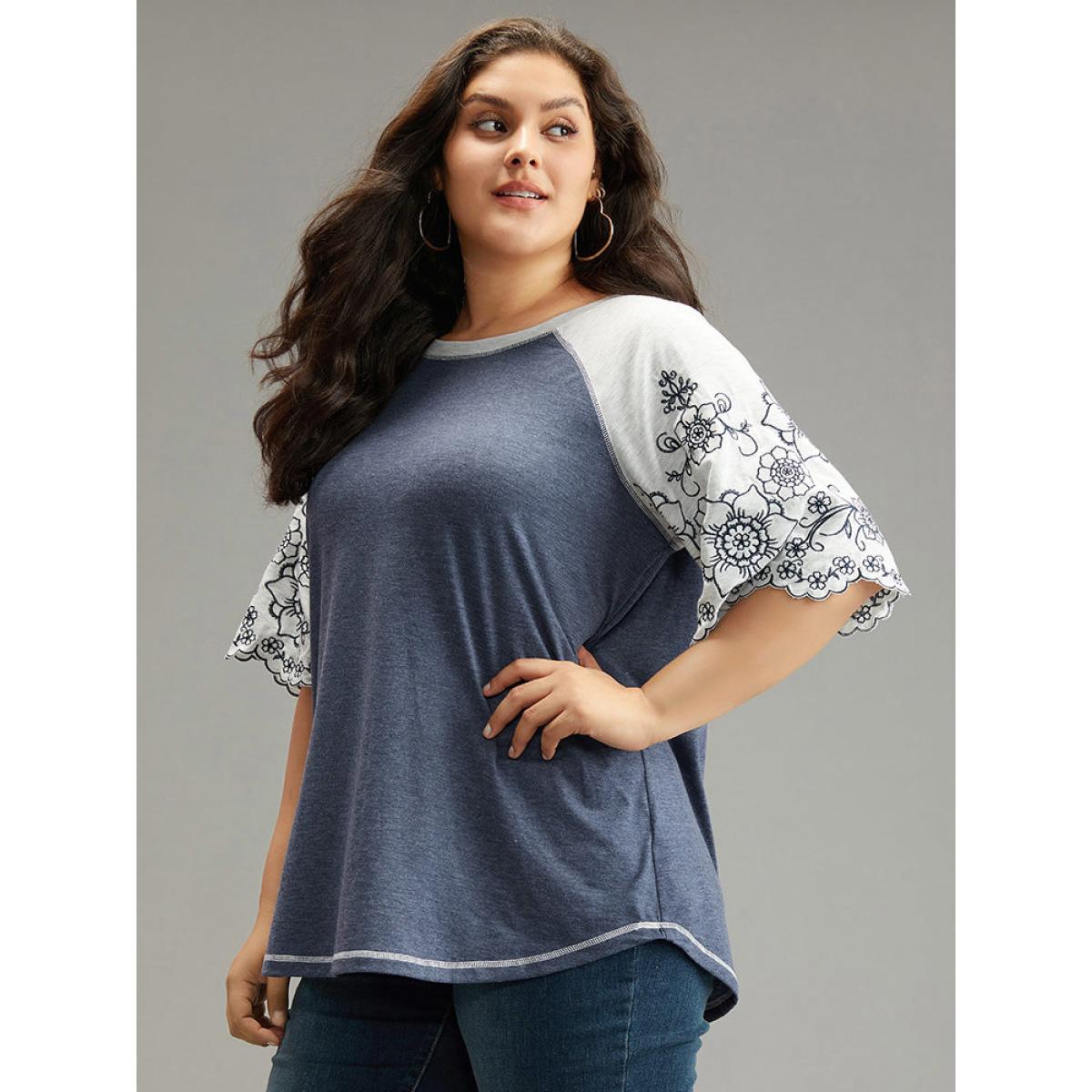 Plus Size Contrast Embroidered Scalloped Trim T-shirt Indigo Women Elegant Contrast Silhouette Floral Print Round Neck Dailywear T-shirts BloomChic 14-16/1X Product Image
