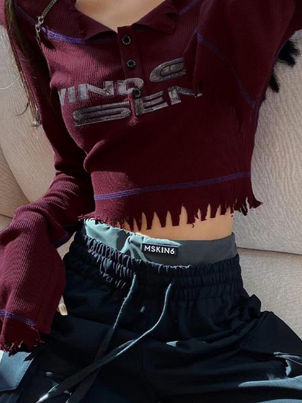 Print Tattered Edge V Neck Long Sleeve Shirt Product Image