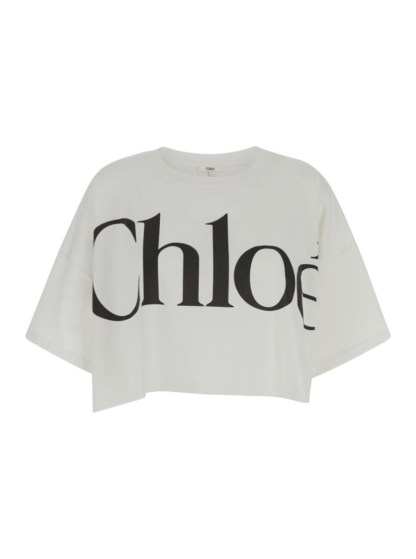 CHLOÉ White Cropped Crewneck T-shirt With Maxi Logo Print On The Front In Cotton Woman In Multicolor Product Image