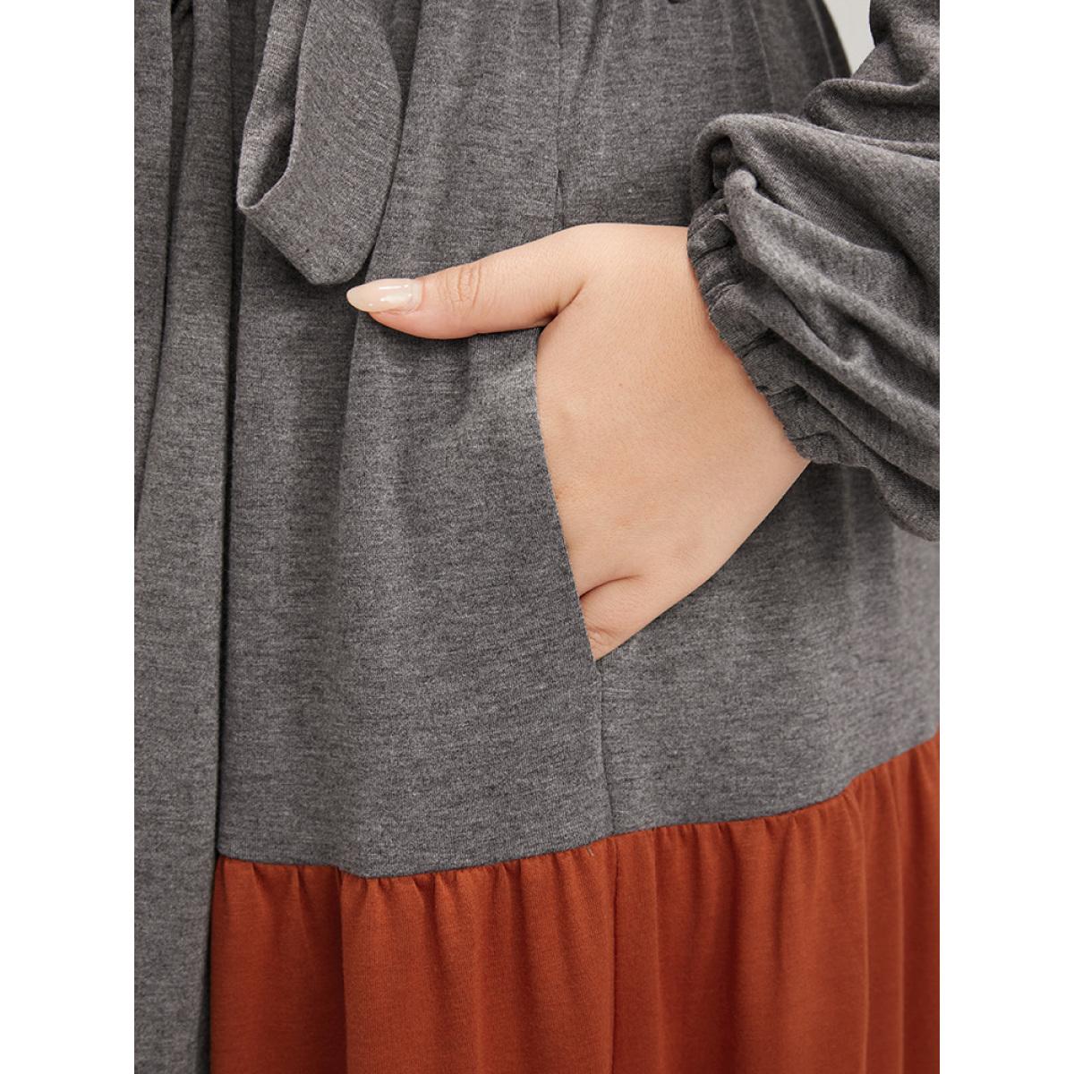 Plus Size Colorblock Contrast Pocket Wrap Belted Ruffle Tiered Dress Multicolor Women Casual Belted V-neck Long Sleeve Curvy Midi Dress BloomChic 10/M Product Image