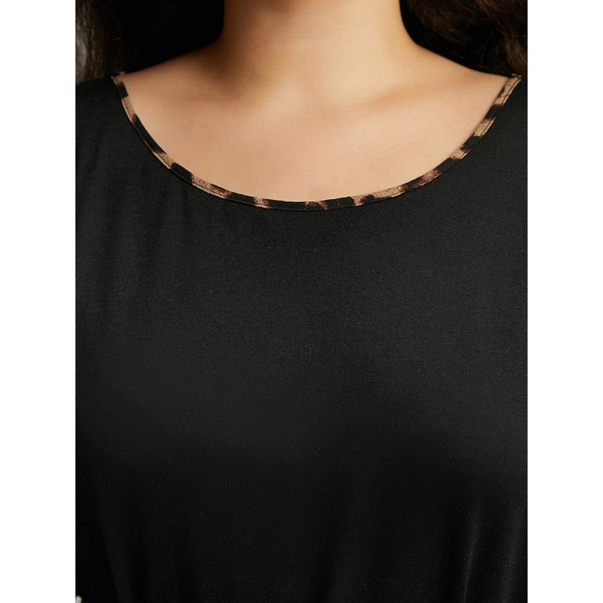 Plus Size Supersoft Essentials Leopard Bell Sleeve Belted Dress Black Women Casual Belted Round Neck Long Sleeve Curvy Knee Dress BloomChic 28/5X Product Image