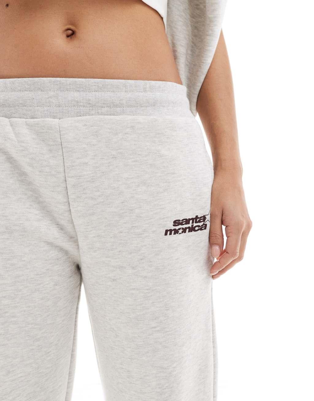 Pull&Bear 'Santa Monica' graphic wide leg sweatpants in gray heather - part of a set Product Image