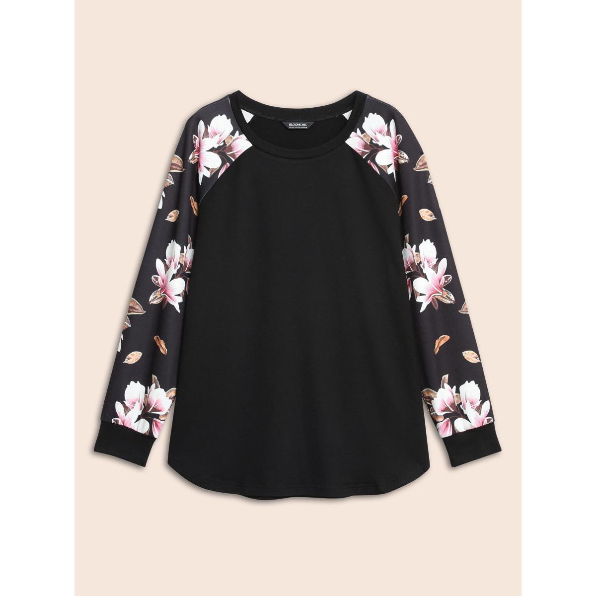 Plus Size Floral Patchwork Crew Neck Raglan Sleeve Sweatshirt Women Black Elegant Elastic cuffs Round Neck Dailywear Sweatshirts BloomChic 28/5X Product Image