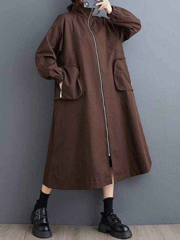 Long Sleeves Loose Elasticity Pockets Split-Joint Zipper High Neck Outerwear Trench Coats Product Image