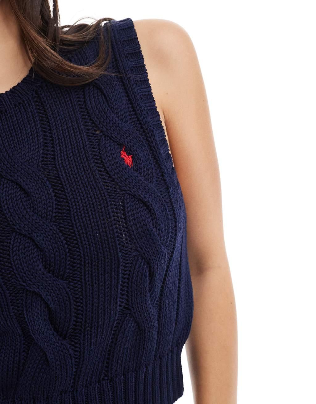 Polo Ralph Lauren cable knit sleeveless sweater with logo in navy Product Image