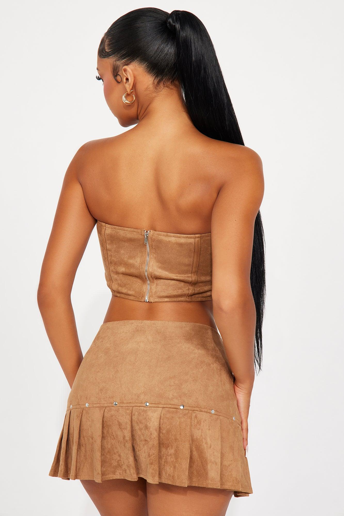 Butterfly Fantasy Faux Suede Skirt Set - Camel Product Image