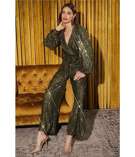 Skies Are Blue Sequin Wrap Tie V-Neck Long Sleeve Wide Leg Jumpsuit Product Image