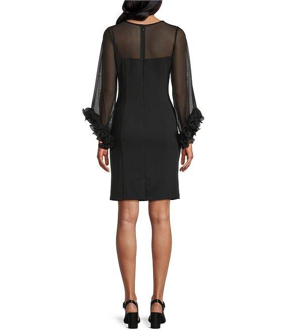 Alex Evenings Crepe Illusion Boat Neck 3/4 Ruffle Sleeve Sheath Dress Product Image