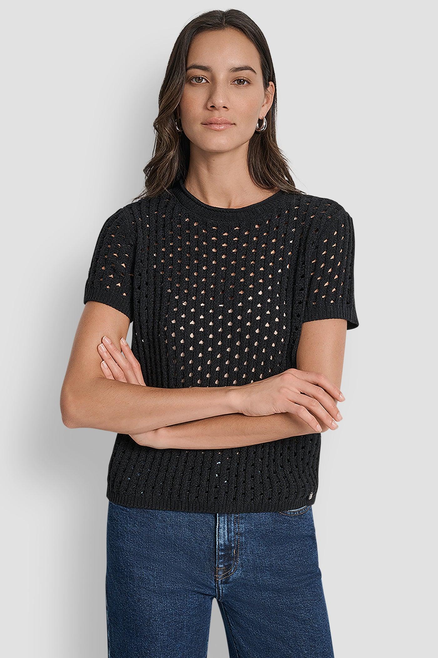 OPEN STITCH CREW NECK SHORT SLEEVE SWEATER Product Image