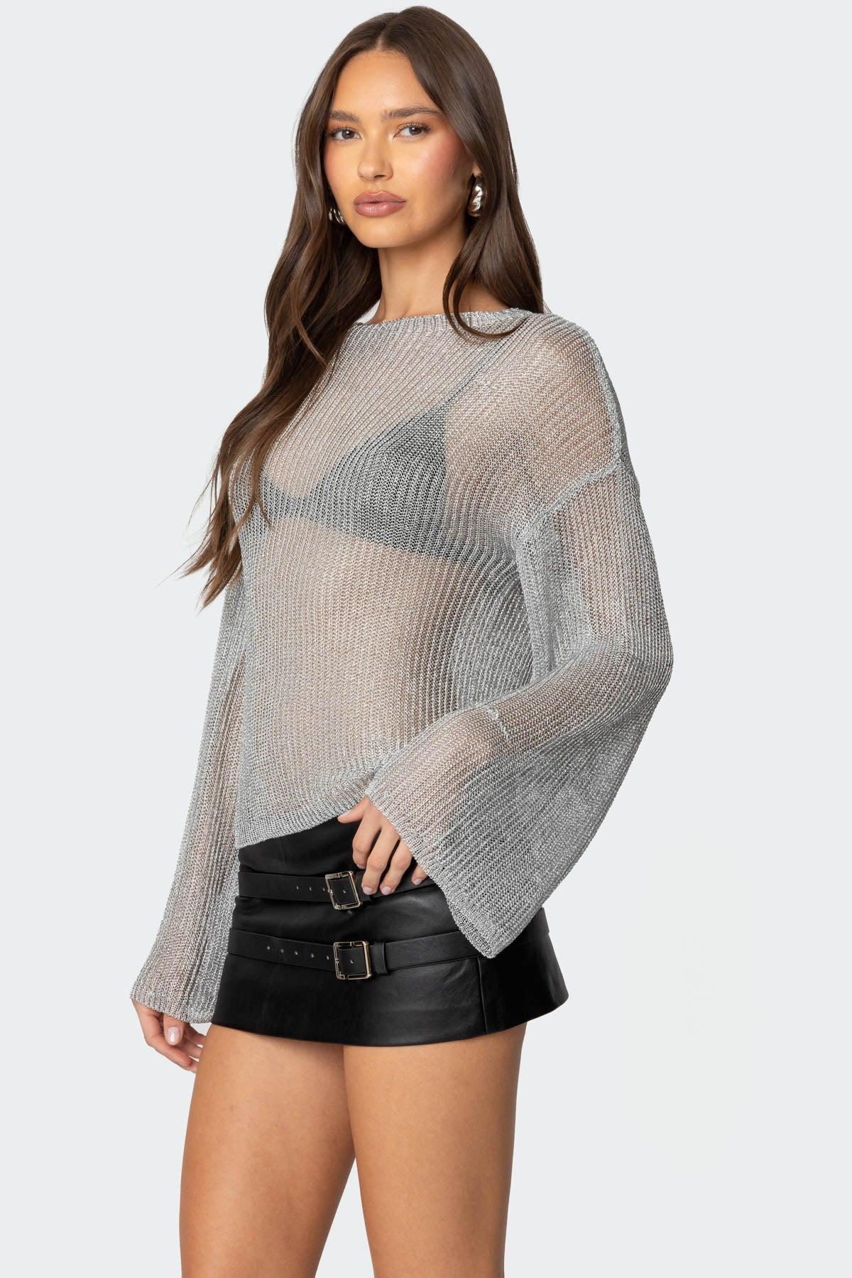 Drop Shoulder Sheer Knit Sweater Product Image