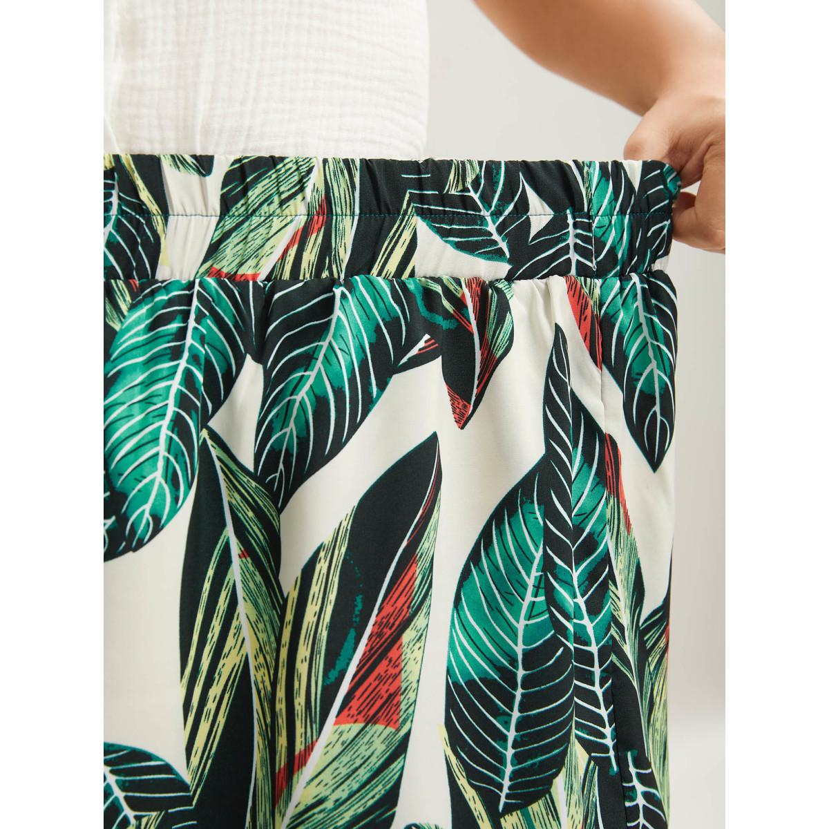 Plus Size Tropical Floral Pattern Tiered Midi Skirt Women Emerald Elegant Bodycon Low stretch Side seam pocket Belt Everyday Skirts BloomChic 26/4X Product Image