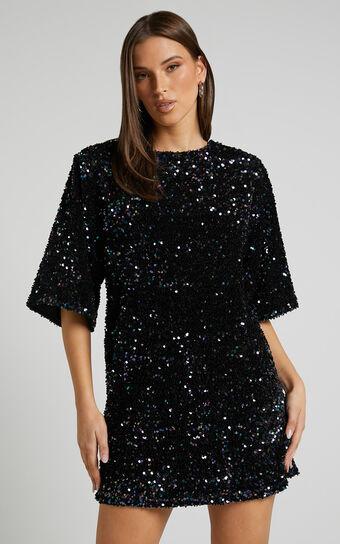 Valetta Mini Dress - Sequin low back shift dress in Midnight Blue Sequin Product Image
