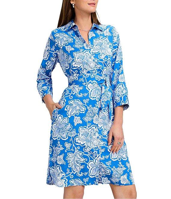 Foxcroft Rocca Cotton Sateen Floral Collage Print Point Collar 3/4 Sleeve Button-Front Shirt Dress Product Image