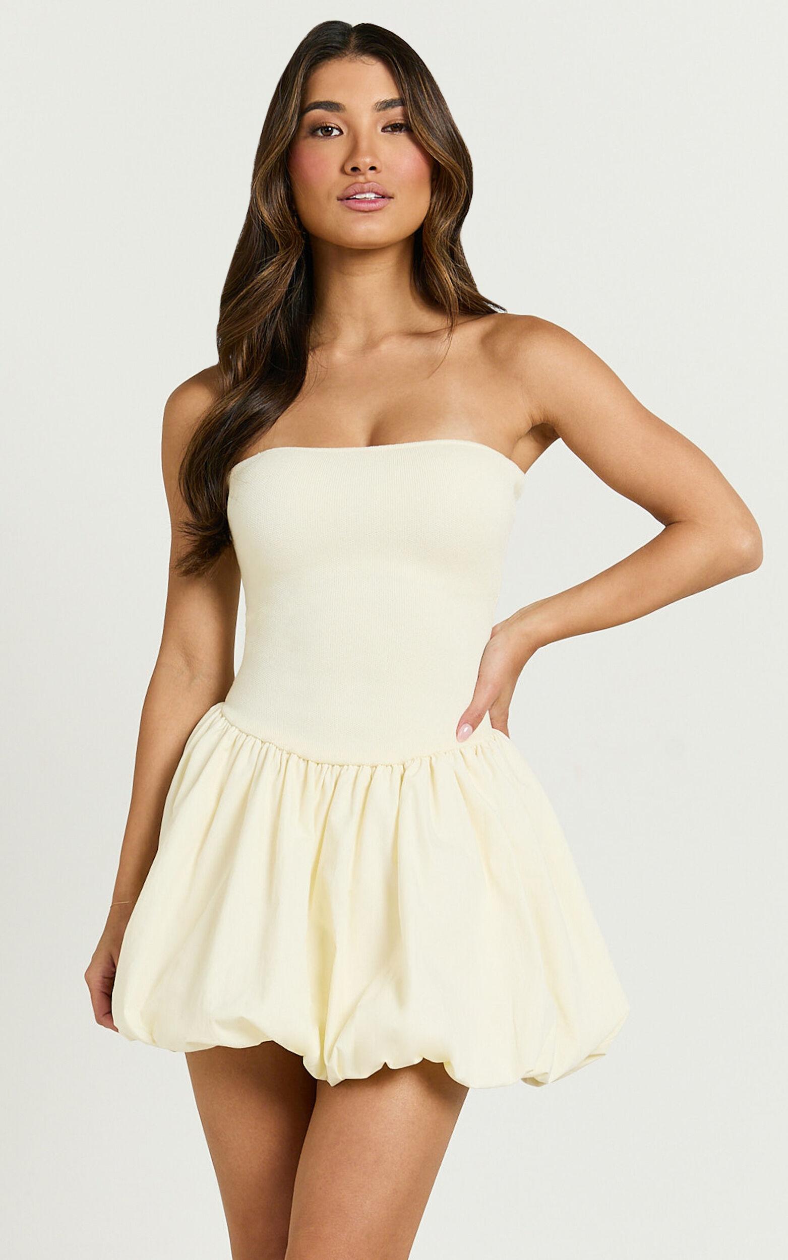 Harley Mini Dress - Strapless Drop Waist Bubble Hem Contrast Dress in Cream Product Image