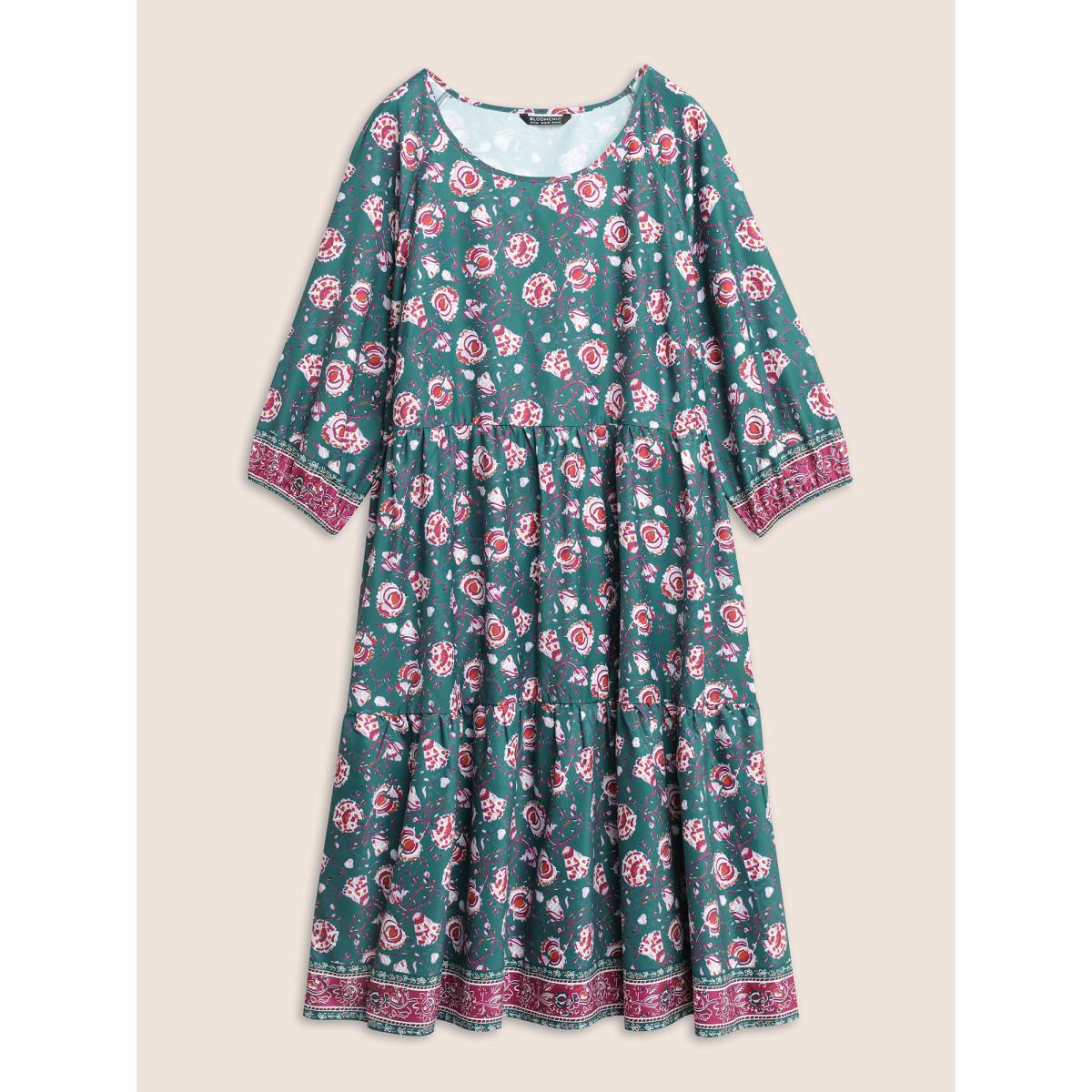 Plus Size Bandana Floral Print Lantern Sleeve Gathered Dress Emerald Women Resort Non Round Neck Elbow-length sleeve Curvy Midi Dress BloomChic 18-20/2X Product Image