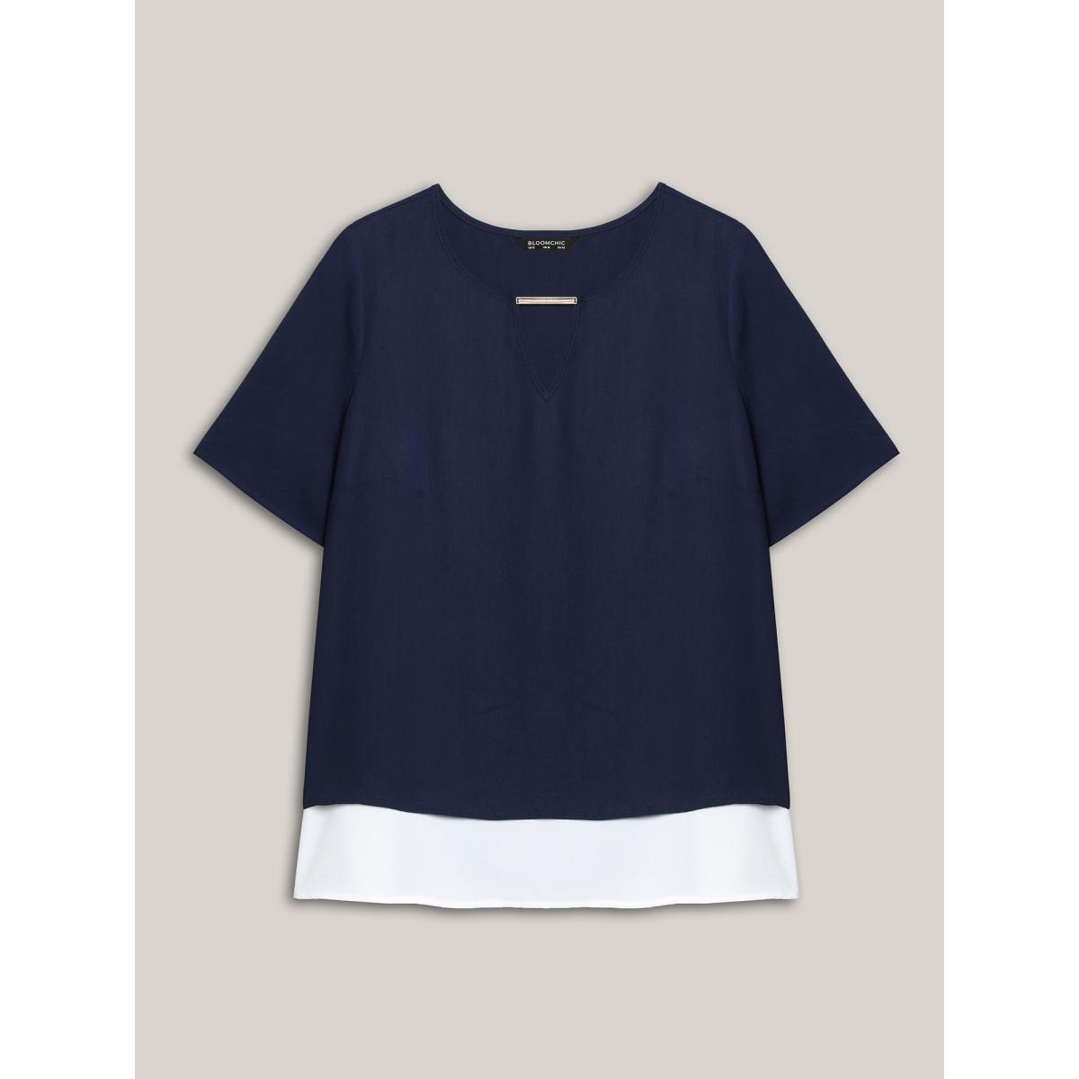 Plus Size Indigo Neck Cut-Out Color Contrast Shirt Women At the Office Short sleeve Round Neck Work Blouses BloomChic 26/4X Product Image