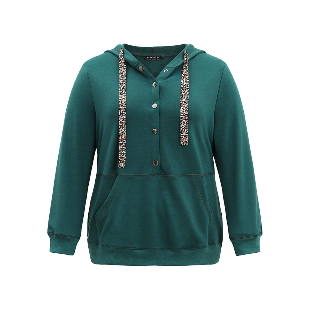 Plus Size Ditsy Floral Ties Hooded Kangaroo Pocket Sweatshirt Women Cyan Casual Contrast Hooded Dailywear Sweatshirts BloomChic 12/L Product Image