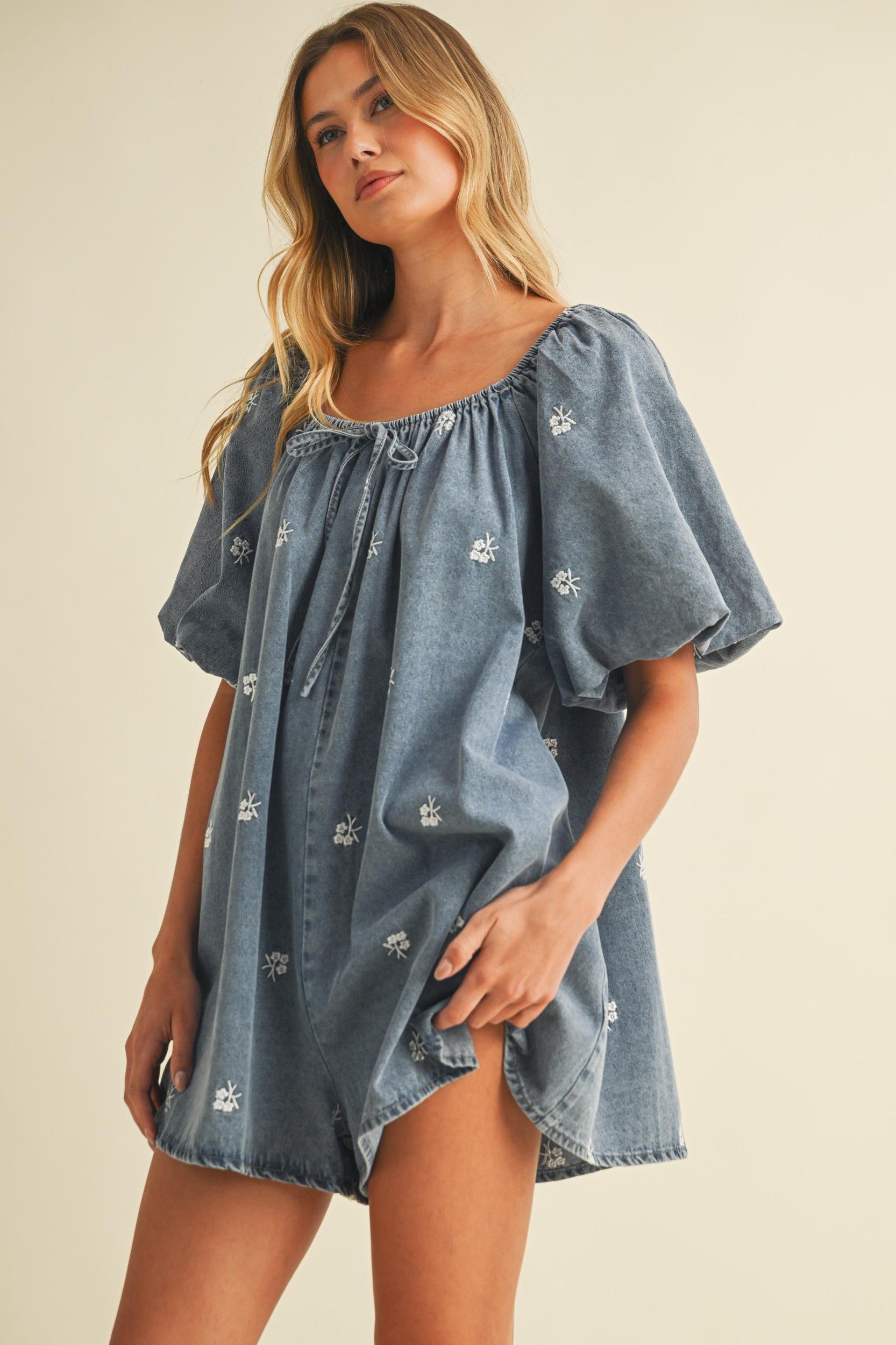 Embroidered Denim Puff Sleeve Romper Product Image