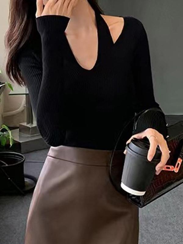 Solid V Neck Halter Long Sleeve Knit Product Image