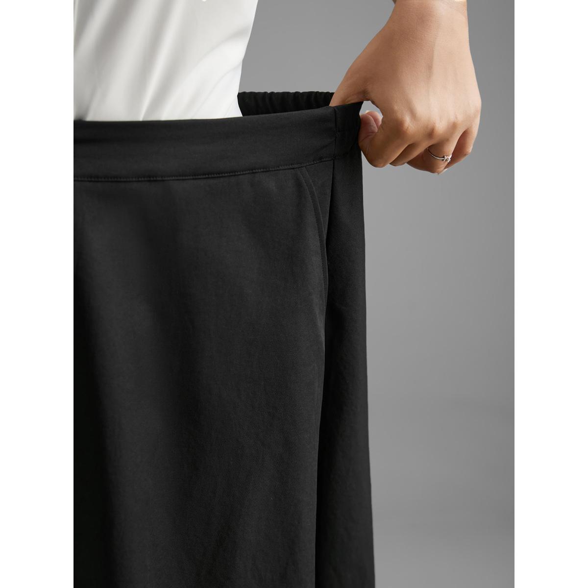 Plus Size Solid Button Up Slightly Stretchy Skirt Women Black At the Office Button Loose Low stretch Slanted pocket Work Skirts BloomChic 22-24/3X Product Image