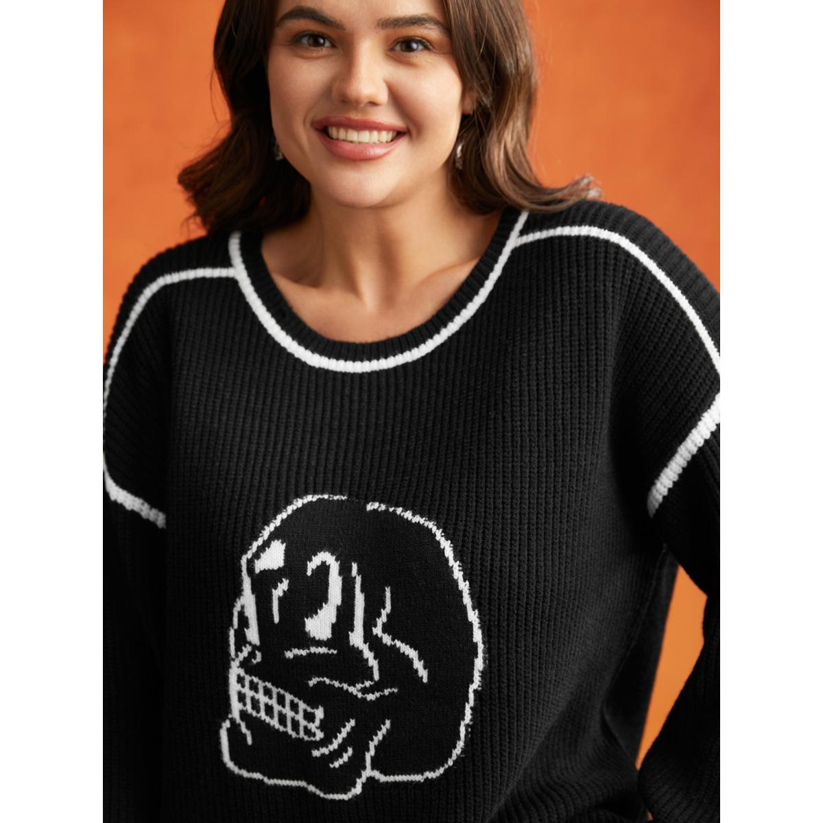 Plus Size Skull Printed Balloon Sleeves Pullover Black Women Casual Loose Long Sleeve Round Neck Everyday Pullovers BloomChic 30/6X Product Image
