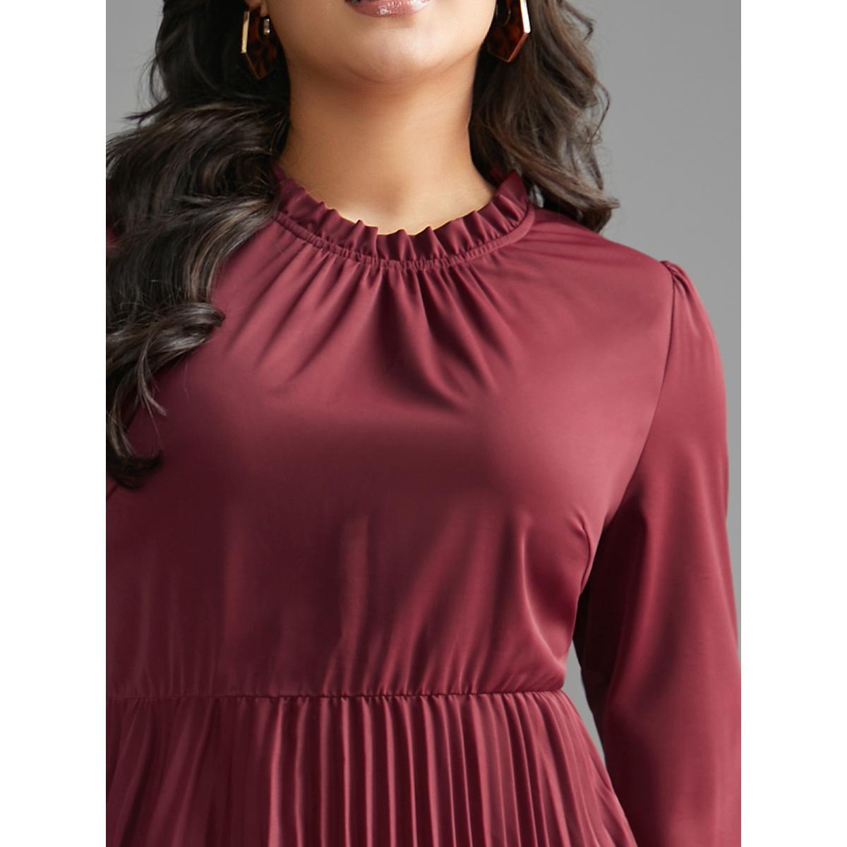 Plus Size Mock Neck Frill Trim Pleated Dress Burgundy Women At the Office Gathered Mock Neck Long Sleeve Curvy BloomChic 26/4X Product Image
