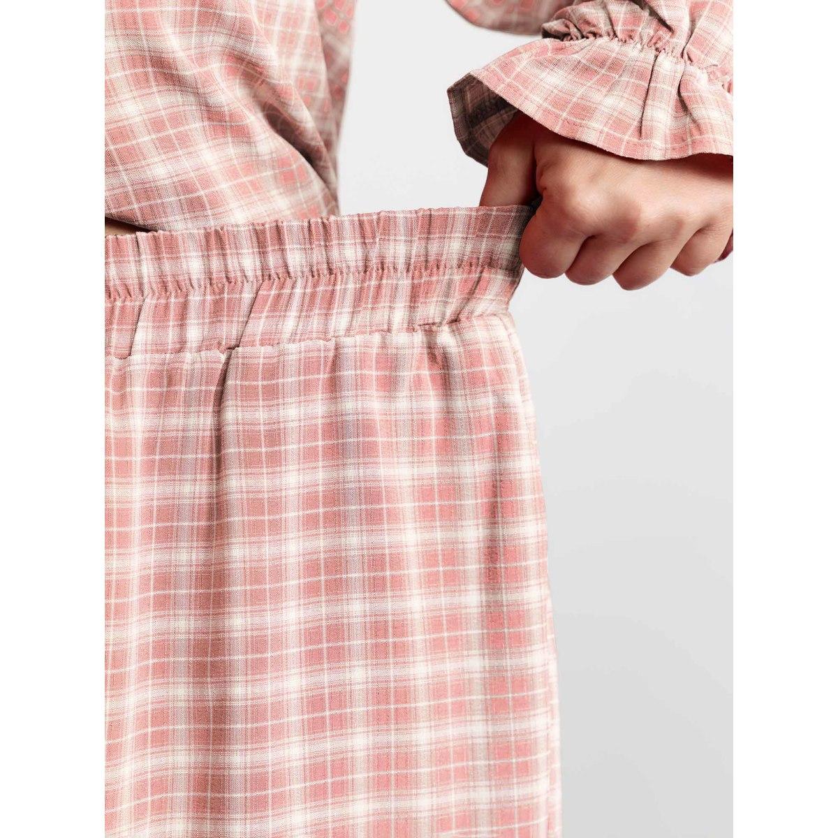 Plus Size Gingham Ruffled Hem Loungewear Set Women Rouge Button Extra Long Sleeve Round Neck Leisure Loungewear Sets BloomChic 26/4X Product Image