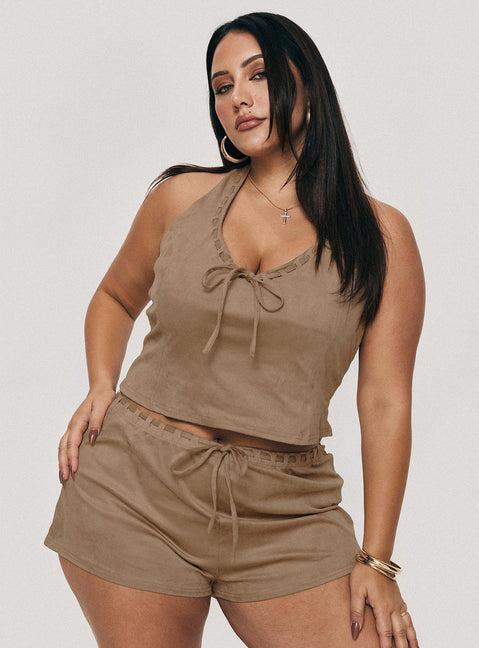 Eternal Youth Faux Suede Top Taupe Curve Product Image