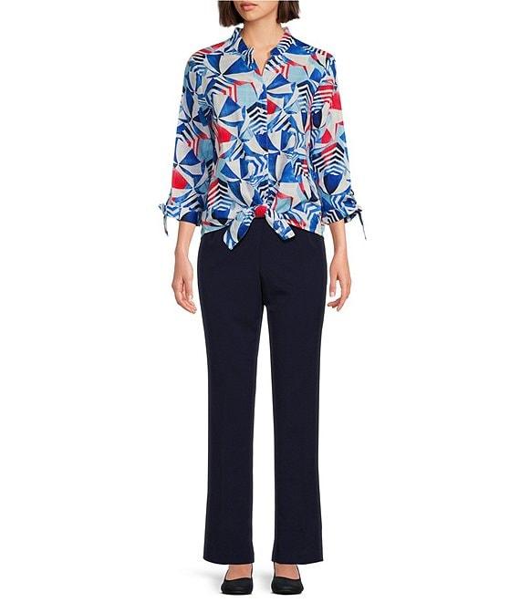 Allison Daley Beach Umbrella Print 3/4 Tie Sleeve Y-Neck Tie Hem Blouse Product Image