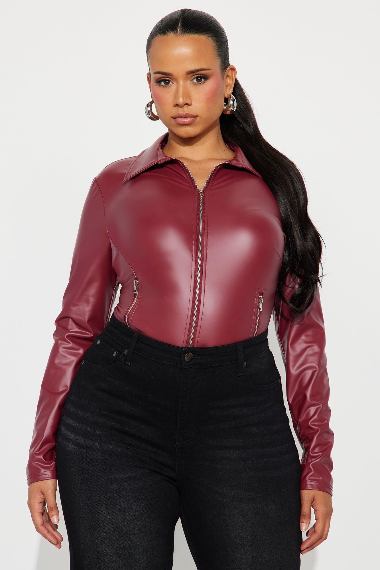 Biker Baddie Zip Front Bodysuit - Burgundy Product Image