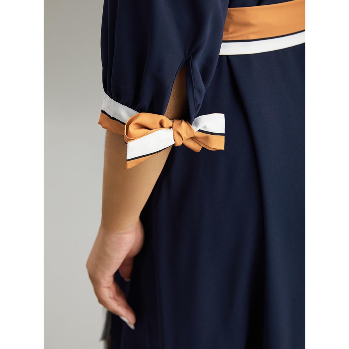 Plus Size Contrast Striped Patchwork Wrap Dress Midnight Women Elegant Wrap V-neck Elbow-length sleeve Curvy Midi Dress BloomChic 18-20/2X Product Image