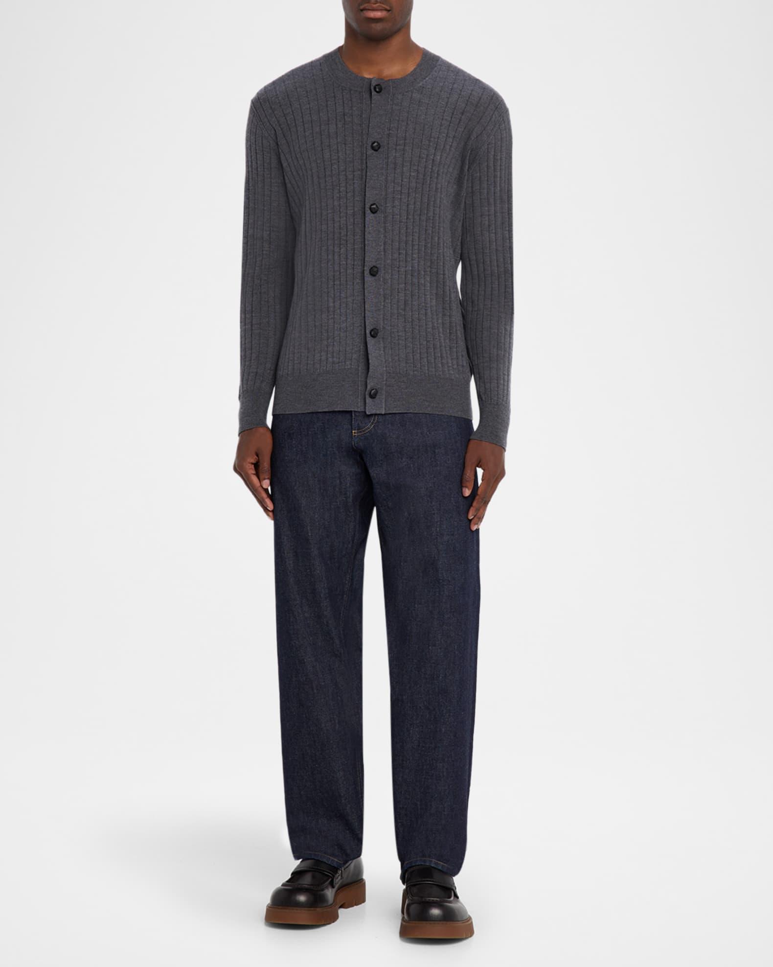 Men's Ribbed Wool Cardigan with Leather Buttons Product Image
