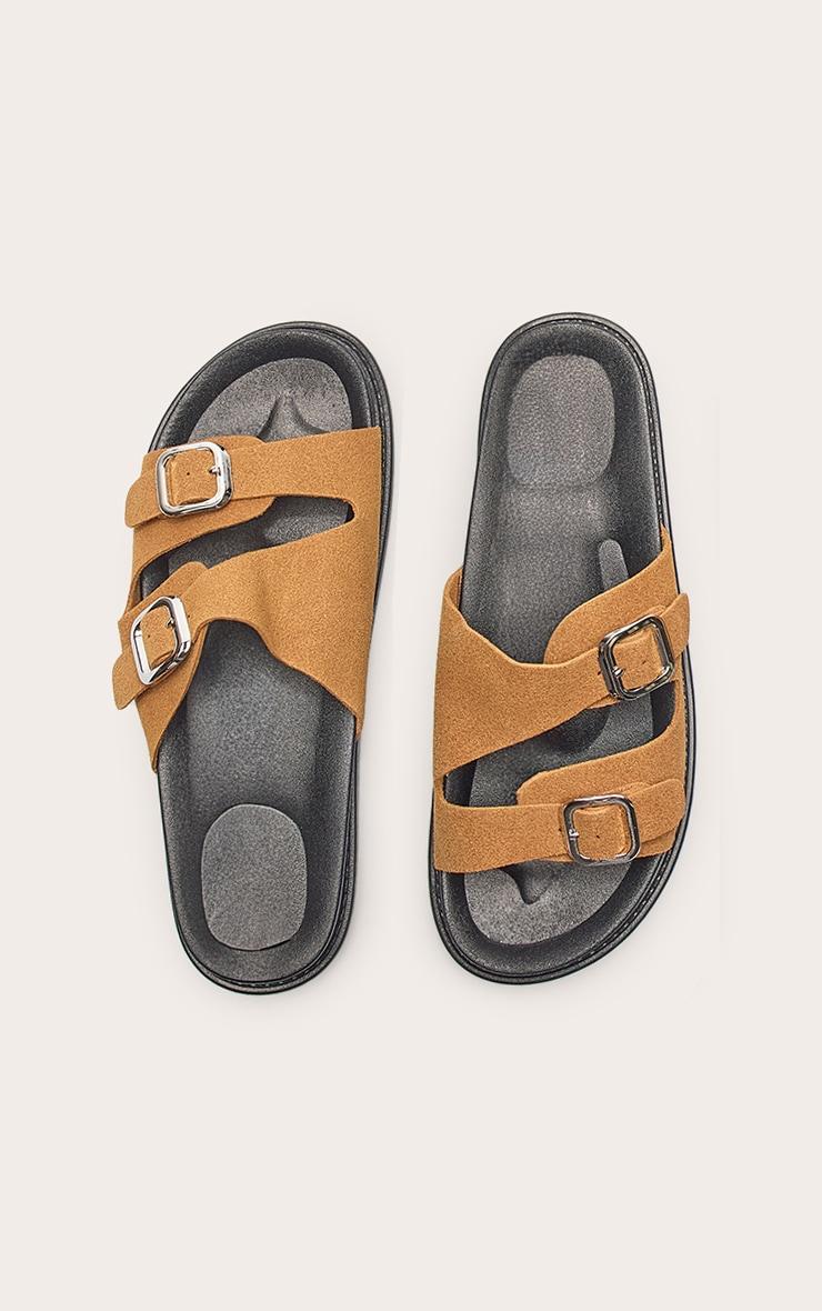 Camel Faux Suede Double Buckle Footbed Sandals Product Image