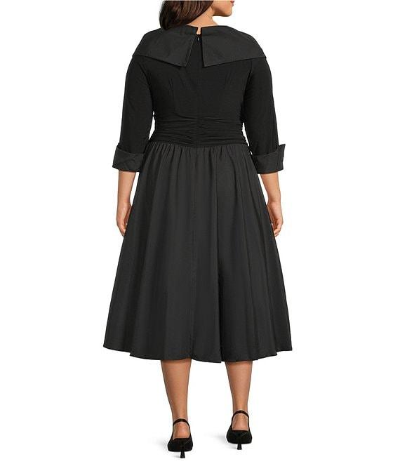 Jessica Howard Plus Size Jersey Taffeta 3/4 Sleeve Portrait Collar Ruched A-Line Midi Dress Product Image