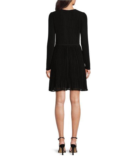 MICHAEL Michael Kors Solid Eco Poly Keyhole V-Neck Elastic Sleeve Cuff Fit & Flare Dress Product Image