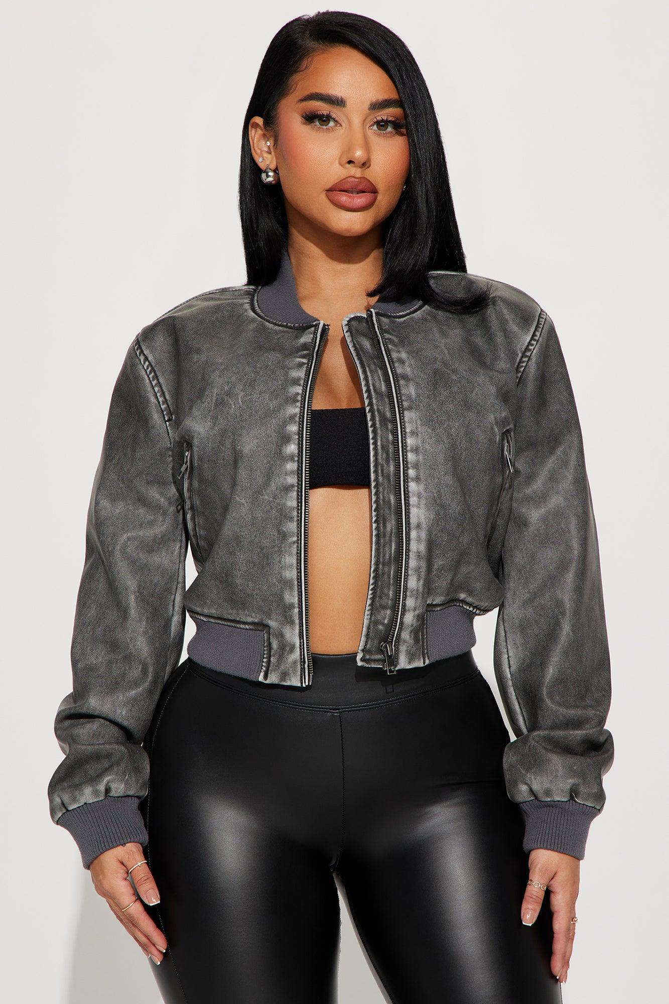 Zoe Washed Faux Leather Bomber Jacket - Grey Product Image
