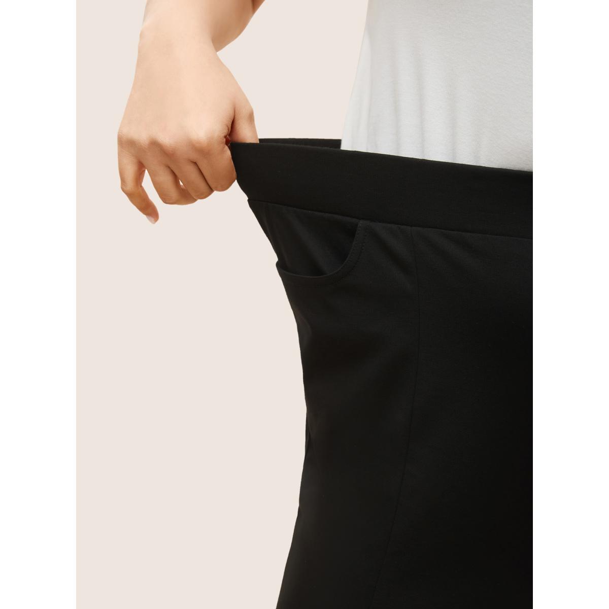 Plus Size Plain Elastic Waist High Rise Slim Pants Women Black Office High Rise Office Pants BloomChic 30/6X Product Image