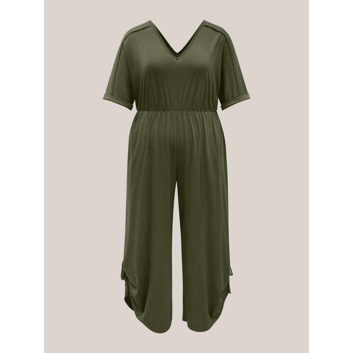 Plus Size ArmyGreen Tie-Up Hem Pull-Over Stretch Jumpsuit Women Short sleeve V-neck Vacation Loose Jumpsuits BloomChic 18-20/2X Product Image