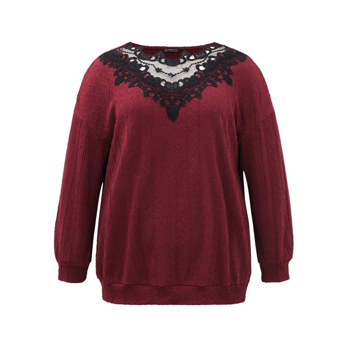 Plus Size Plain Textured Patchwork Lace Panel Sweatshirt Women Scarlet Elegant Elastic cuffs Round Neck Everyday Sweatshirts BloomChic 18-20/2X Product Image