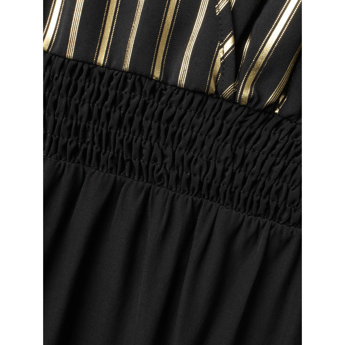 Plus Size Black Glitter Striped Patchwork Shirred Jumpsuit Women Cocktail Elbow-length sleeve Overlap Collar Party Loose Jumpsuits BloomChic 22-24/3X Product Image