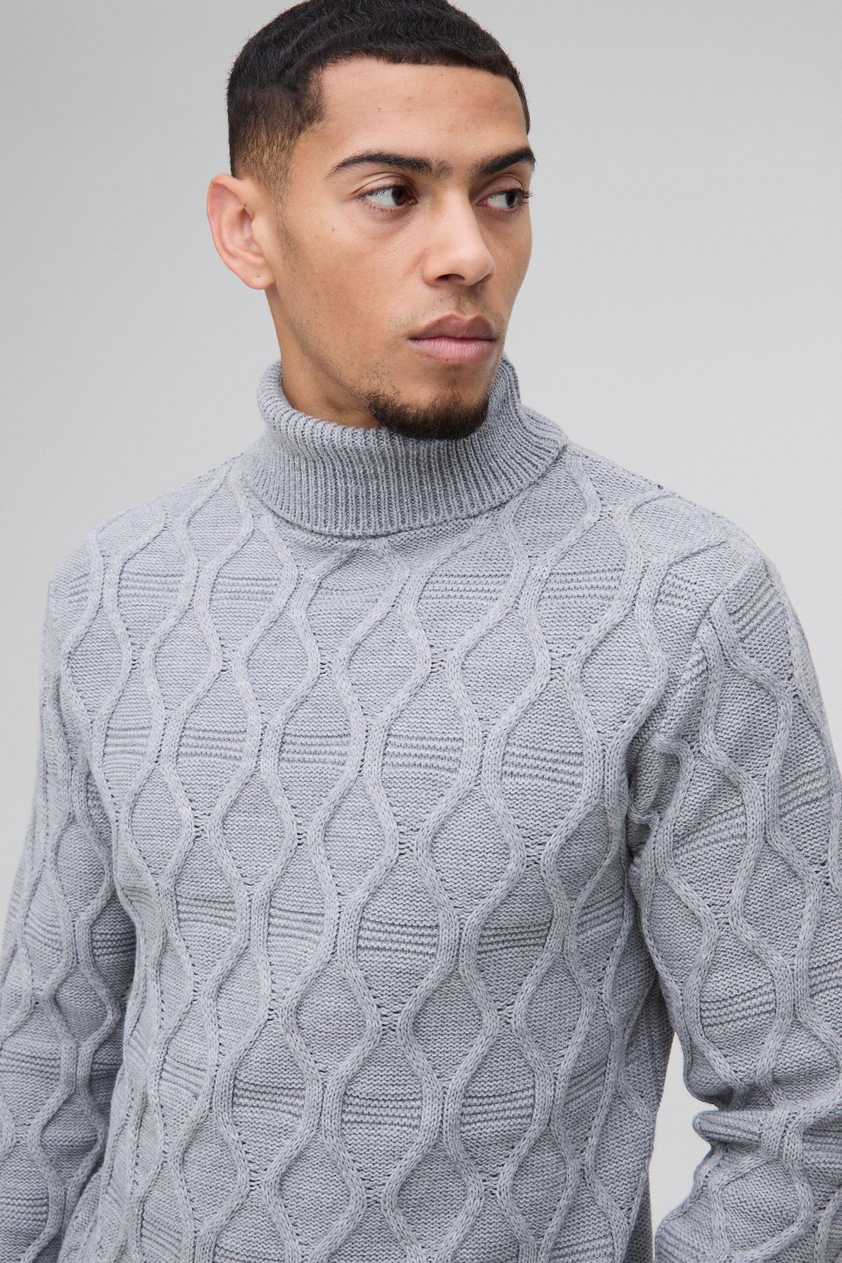 Regular Cable Knit Roll Neck Knitted Sweater | boohooMAN USA Product Image