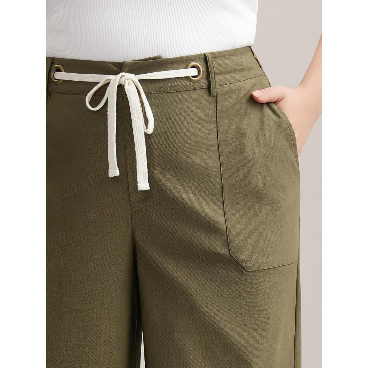 Plus Size Drawstring Waist Straight-Leg Pants Women ArmyGreen Casual Straight Leg Mid Rise Everyday-Casual Pants BloomChic 12/L Product Image