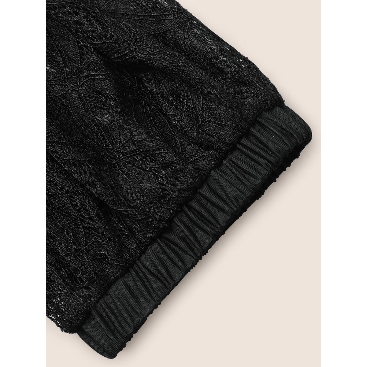 Plus Size Crochet Lace Mesh Texture Ruched Swim Dress Women's Swimwear Black Beach Bodycon Heart neckline High stretch Curve Swim Dresses BloomChic 10/M Product Image