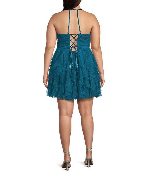 Pear Culture Plus Size Glitter Mesh Scoop Neck Corkscrew Ruffle Dress Product Image