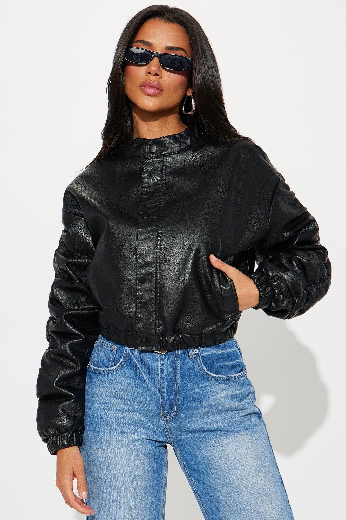 Chloe Ruched Faux Leather Bomber Jacket - Black Product Image