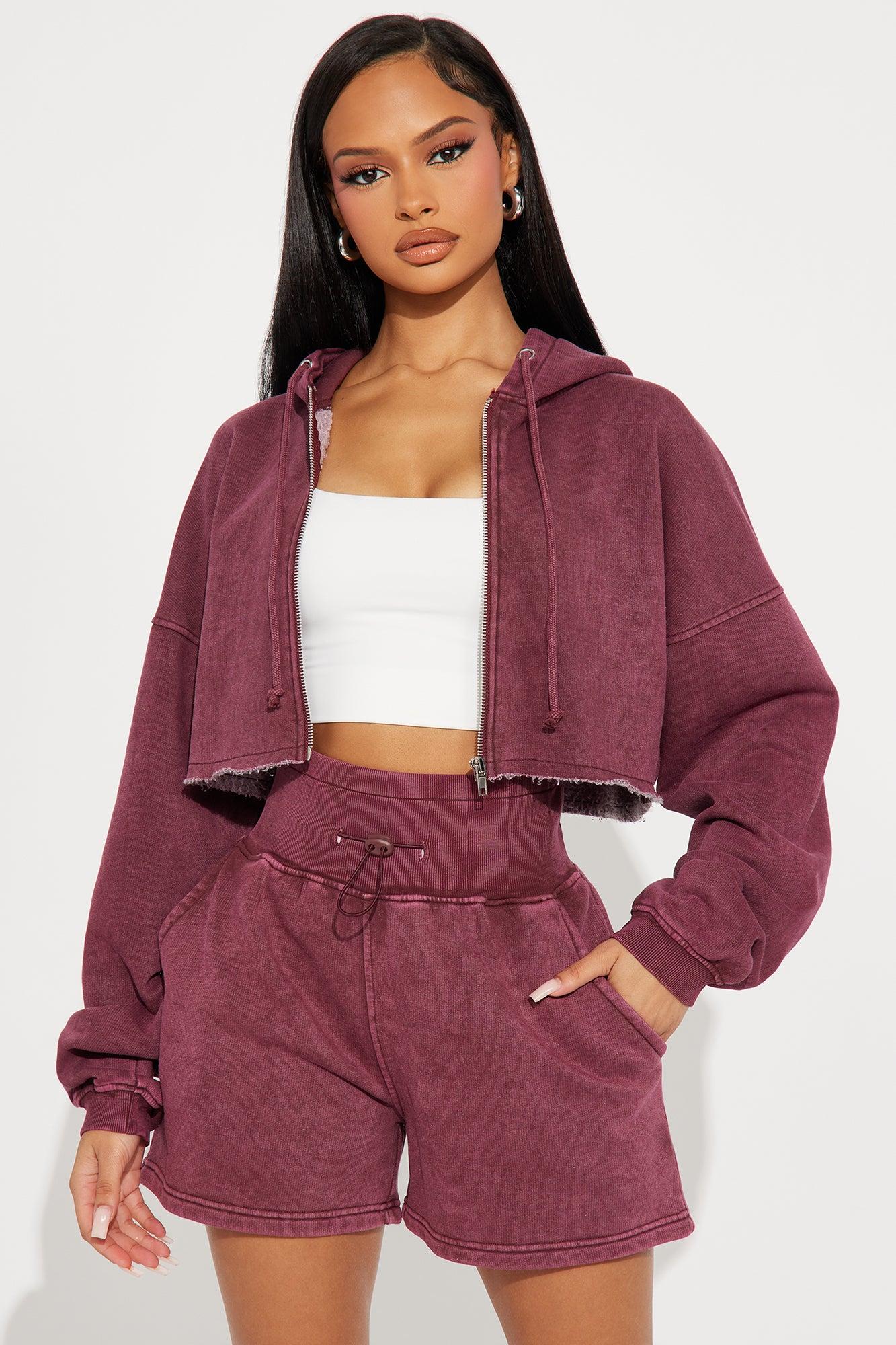 On The Go Fleece Short Set - Burgundy Product Image