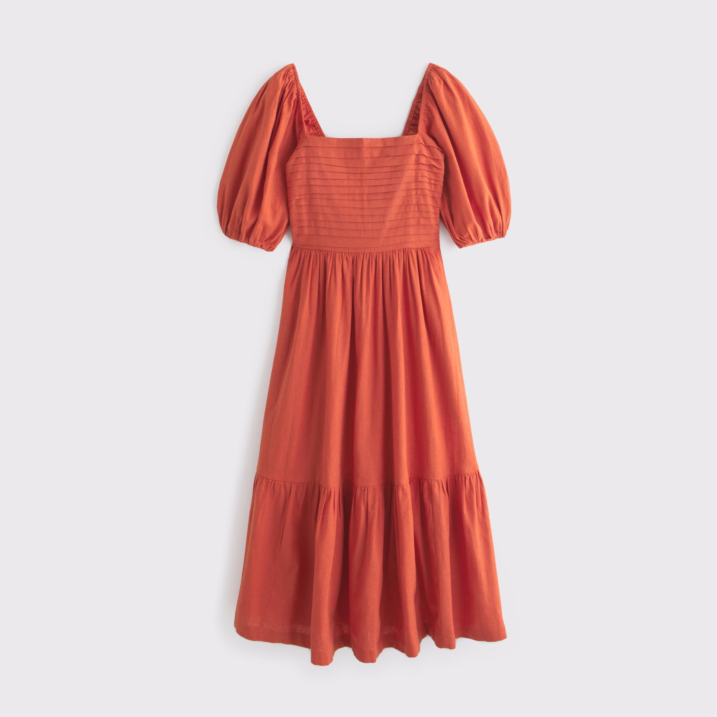 The A&F Emerson Linen-Blend Puff Sleeve Midi Dress Product Image