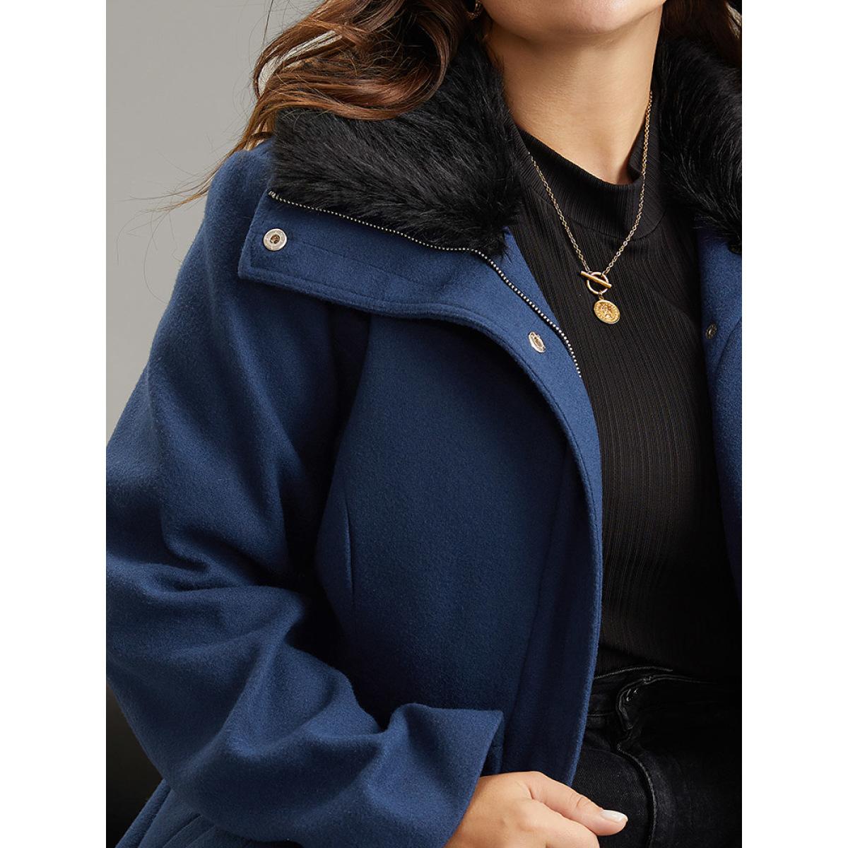 Plus Size Plain Fuzzy Trim Zipper Belted Coat Women DarkBlue Casual Lined Ladies Dailywear Winter Coats BloomChic 30/6X Product Image