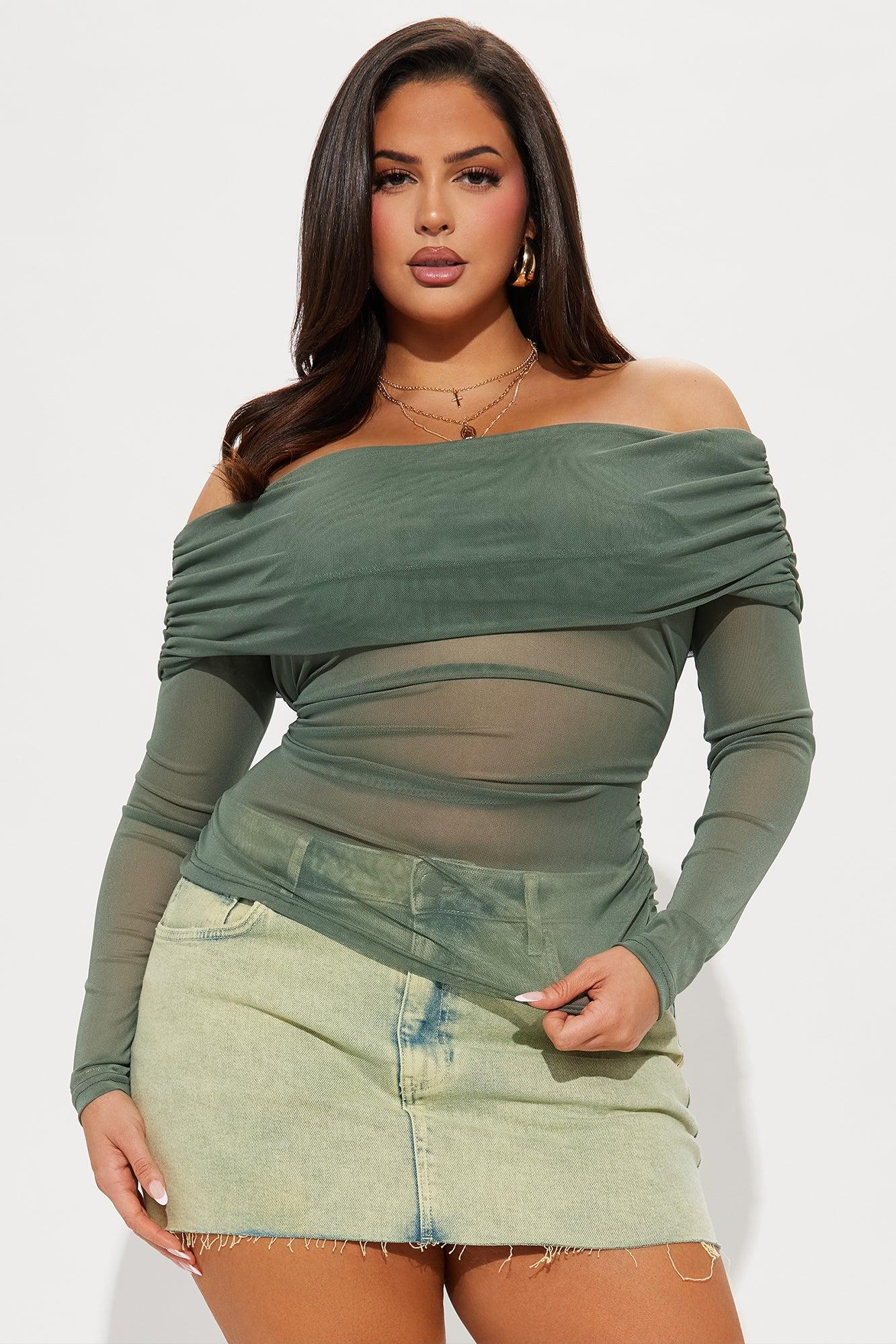 Gina Off Shoulder Mesh Top - Olive Product Image