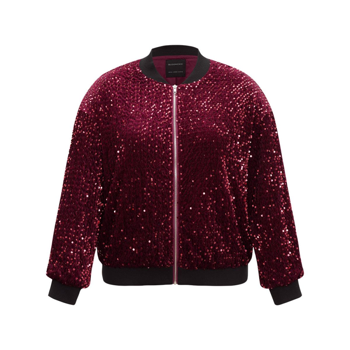 Plus Size Sequin Zipper Patchwork Contrast Bomber Jacket Women Burgundy Contrast Dailywear Jackets BloomChic 18-20/2X Product Image